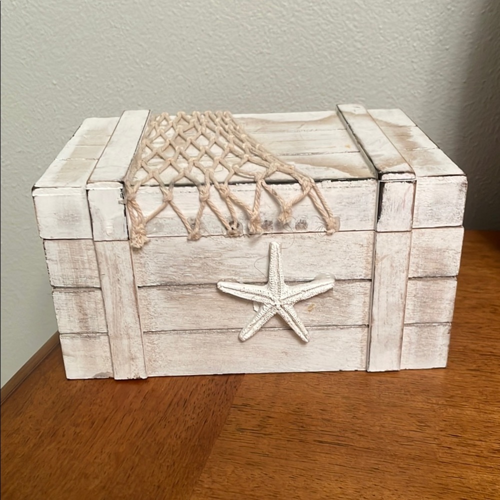 Treasure Chest Box Decor White Washed Coastal Beach Net Starfish